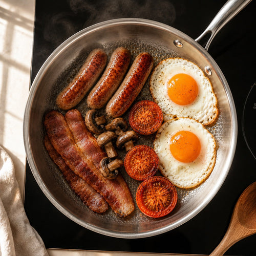The Sunday Pan seen from above, filled with a full English breakfast