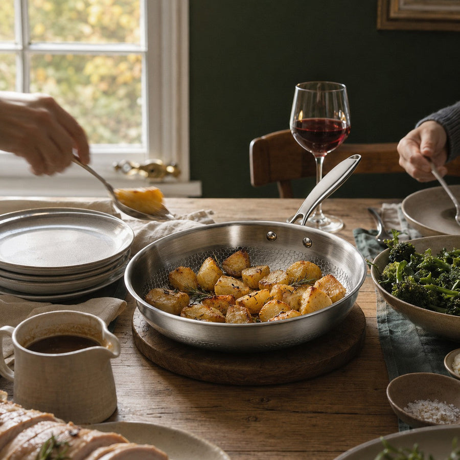 The Sunday Pan filled with roast potatoes in the middle of a Sunday lunch table